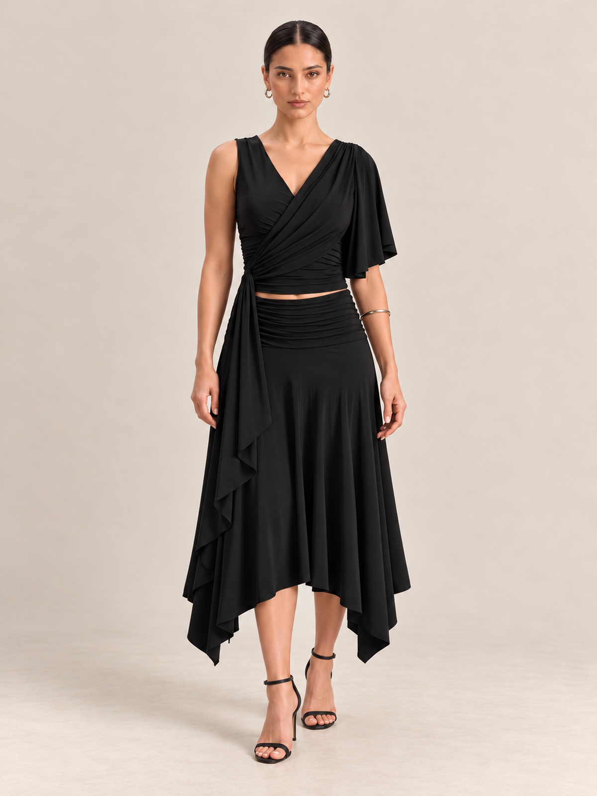 RHAYNA Black Draped Top & Skirt Co-ord Set