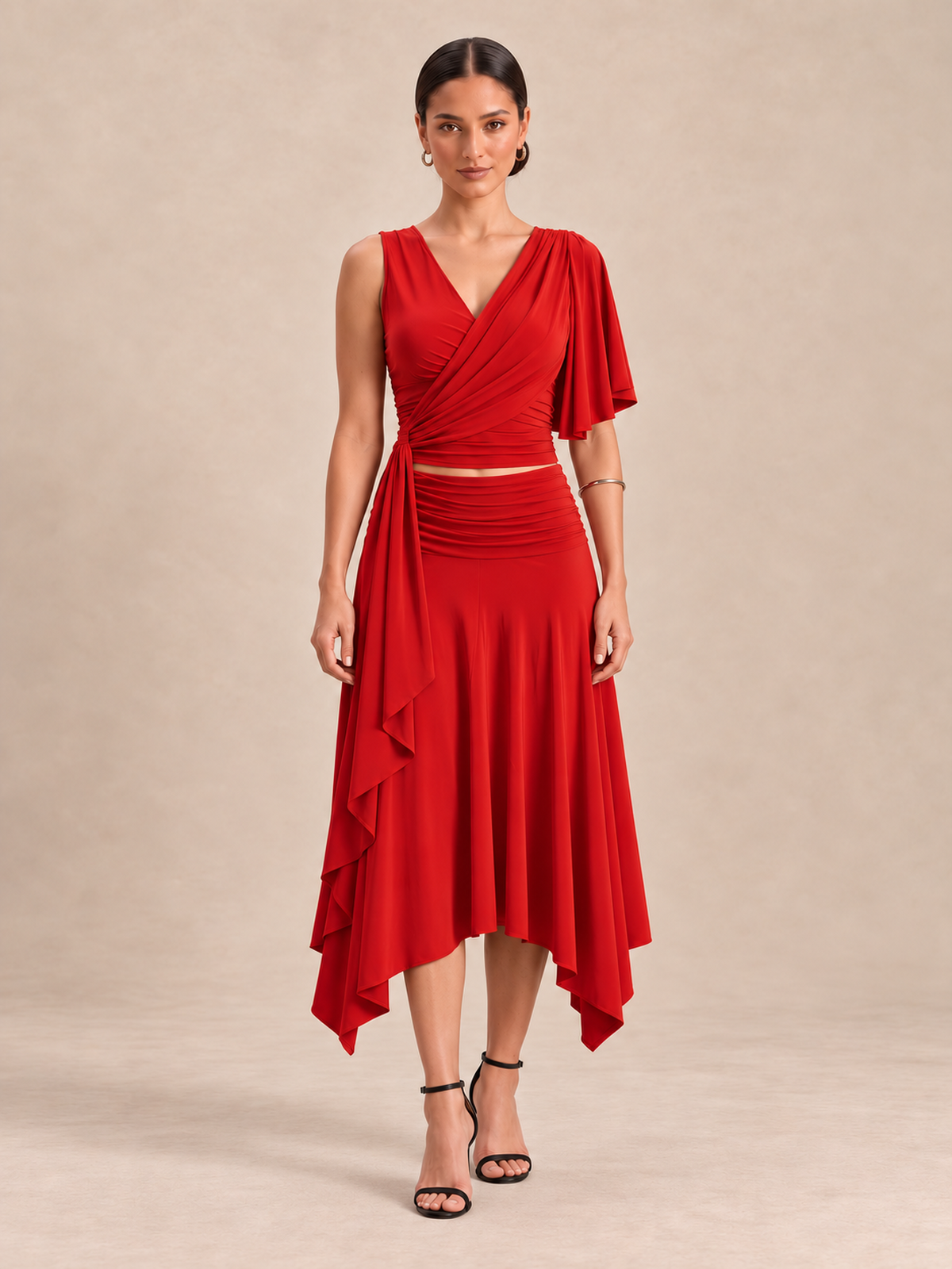 RHAYNA Red Draped Top & Asymmetric Midi Skirt Co-ord Set