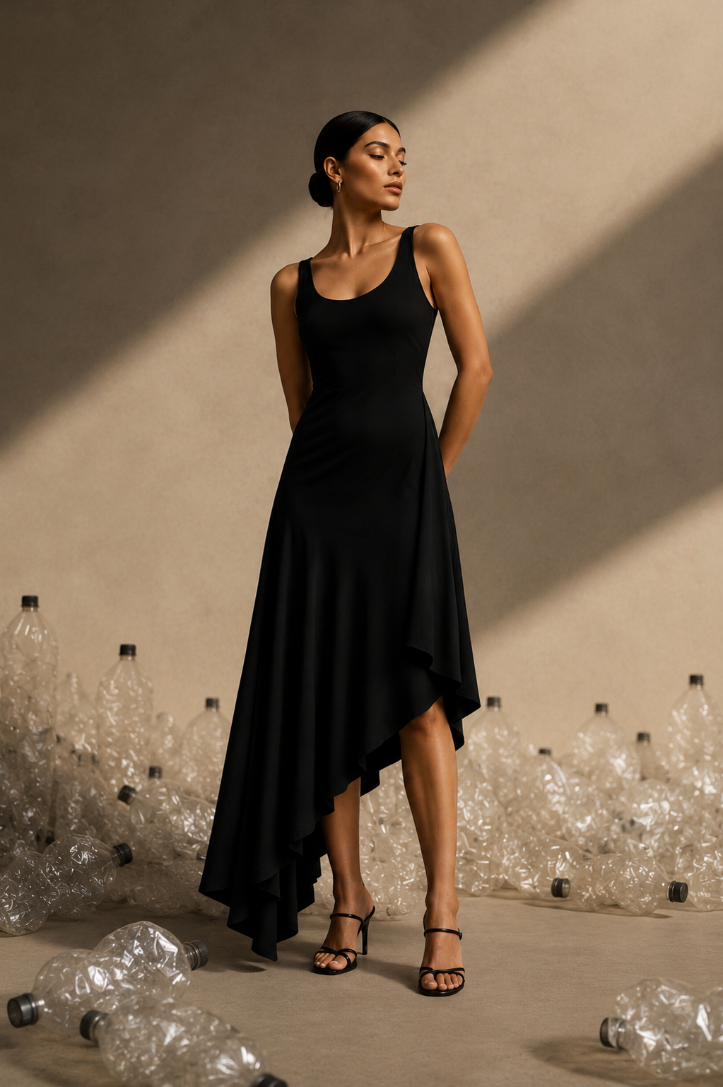 Model in a black Dorná dress standing among repurposed plastic bottles
