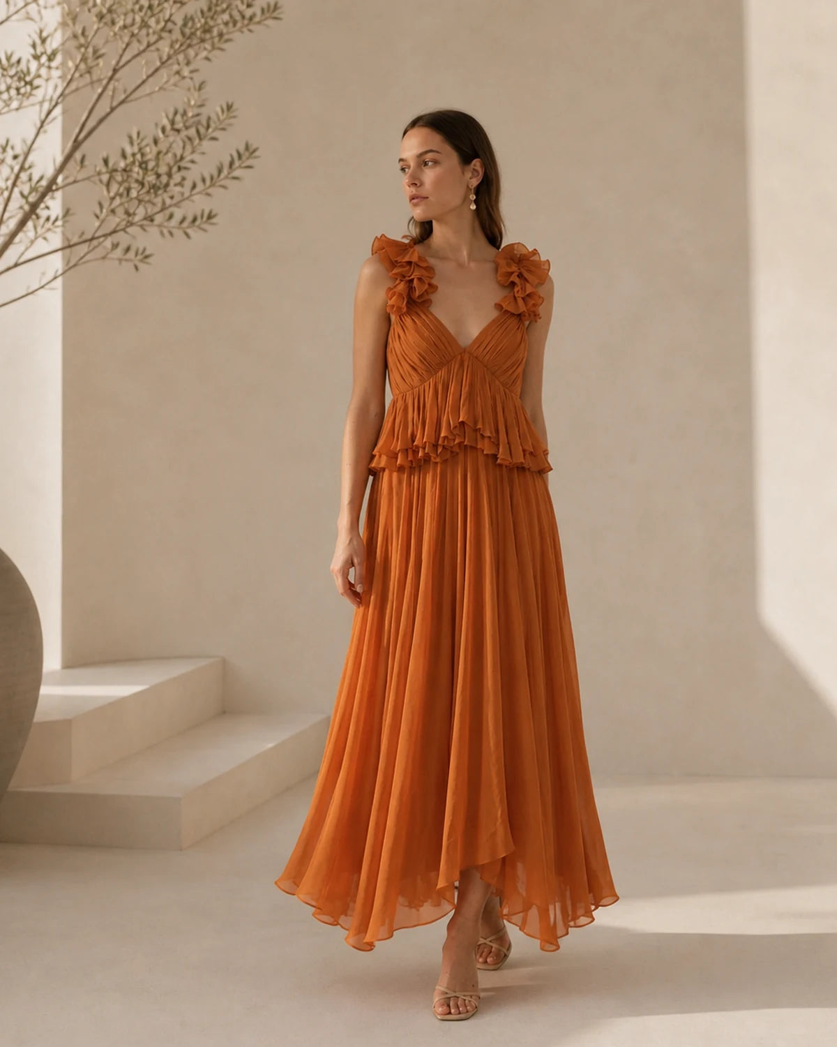 The Fluid Form orange maxi editorial