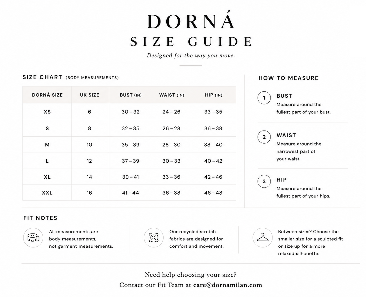 Dorna size guide with body measurements, size conversions, and measuring instructions
